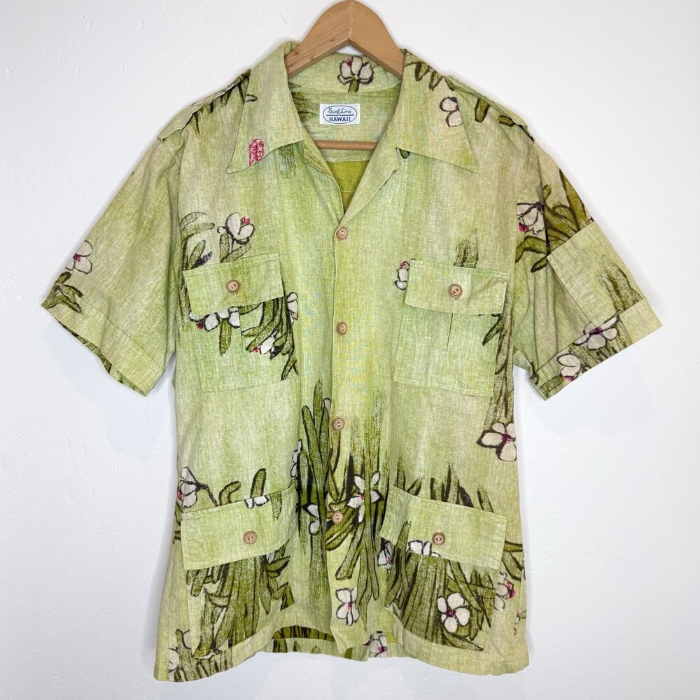 Vintage Surf Line Hawaii 70’s Button Up Shirt Men’s Large Green Floral Pockets